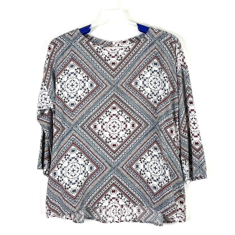J Jill Womens Medium Rayon White Red Blue Long Sleeve Scarf Print Blouse Tunic